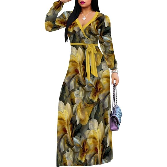 Women's Plus Size Maxi Dress V Neck Pockets Belt Casual Elegant All Seasons - Picture 2 of 8